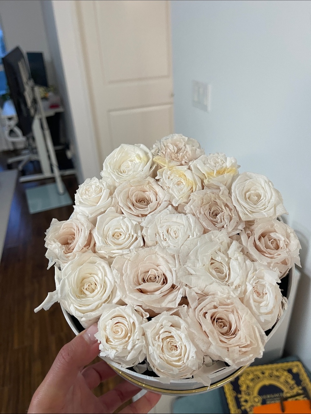 Elegant Cream Rose Bouquet in Round Hatbox
